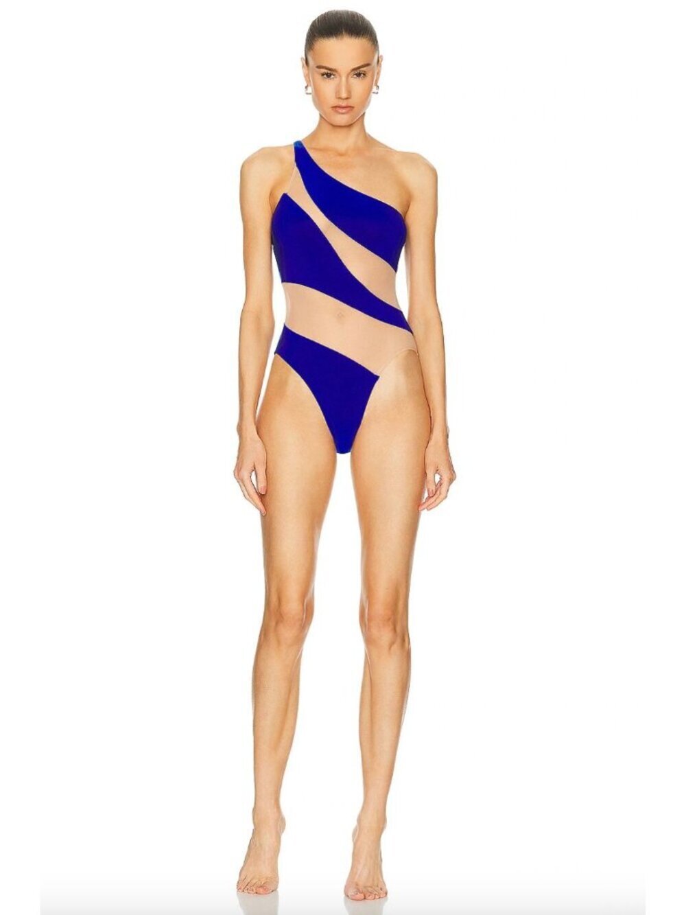 Norma Kamali Snake Mesh Mio One-Shoulder Swimsuit LIGHT Soft Blue Womens Size X